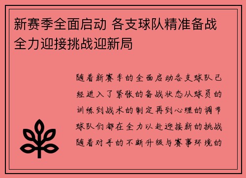 新赛季全面启动 各支球队精准备战 全力迎接挑战迎新局