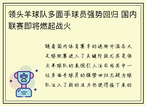 领头羊球队多面手球员强势回归 国内联赛即将燃起战火